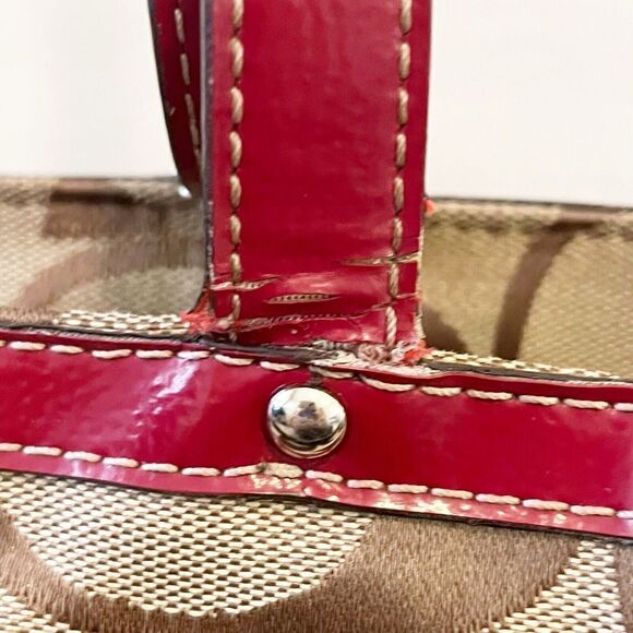 Coach Khaki Signature Cherry Red Tote Bag Handbag Weekender F17443 Patent Large - Picture 14 of 16